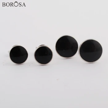 BOROSA 10Pairs 92,5-odstotna Čista Srebrne Barve in Klasičnih Črno Agates 7mm Velikost 10 mm Krog Stud Nakit Uhani na Debelo WX1153