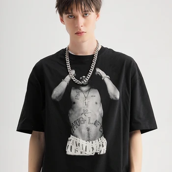 Novo Bombaž Tupac 2pac Prevelik majica s kratkimi rokavi Moški Modni Poletne Ulične Hip Hop Tshirts Rapper Tee Bielie Eilish Koncert Vrhovi