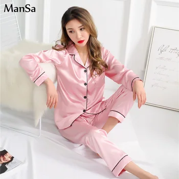 Plus Velikost 3XL 4XL 5XL Ženske Udobno roza Pižame z Dolgimi Rokavi Priložnostne Homewear Pomlad Trdna Pižamo Nastavite Saten Svila Sleepwear