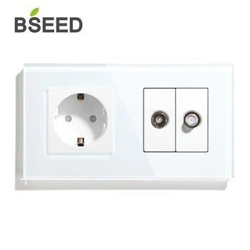BSEED električno Vtičnico TV Sat Z EU Standardni Električni Vtiči Vtiči Kristalno Steklo Plošče Bele 3 Barve Trgovinah