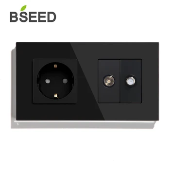 BSEED električno Vtičnico TV Sat Z EU Standardni Električni Vtiči Vtiči Kristalno Steklo Plošče Bele 3 Barve Trgovinah