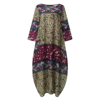 Boho Natisnjeni Maxi Dress Vintage Priložnostne Bombaž Perilo, Obleka Ženske Vestidos Mozaik Haljo Plus Velikost S-5XL Svoboden Žep Dolgo Obleko