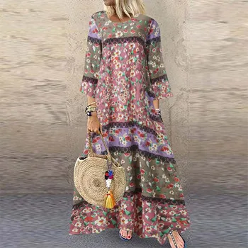 Boho Natisnjeni Maxi Dress Vintage Priložnostne Bombaž Perilo, Obleka Ženske Vestidos Mozaik Haljo Plus Velikost S-5XL Svoboden Žep Dolgo Obleko
