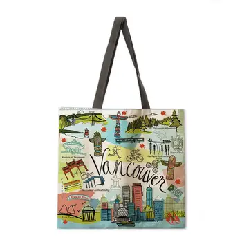 Barva barvanje zemljevid potovanja svetovno znane stavbe, perilo tkanine, priložnostne tote vrečko zložljiva nakupovalna torba plaže vrečko za večkratno uporabo
