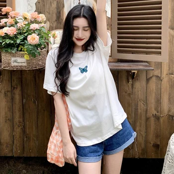 8 barv poletje korejskem slogu 2020 metulj vezenje kratek rokav ohlapne majice ženska t majica femme ženske vrhovi (C2355)
