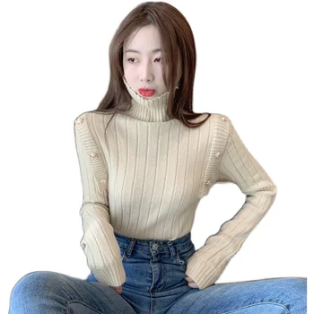 HKCP Moda Puloverji Ženske Dno Urad Dama Trdna Turtleneck Priložnostne Gumb Dolg Rokav Pleteni Puloverji Pozimi Leta 2020 Nova