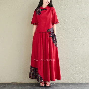 Do leta 2020 Kitajska Tradicionalna Oblačila za Womne Žensko Perilo Stiching Qipao Cheongsam Obleko Retro Vintage Kratkimi Rokavi Rdeče 2pcs Set
