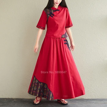 Do leta 2020 Kitajska Tradicionalna Oblačila za Womne Žensko Perilo Stiching Qipao Cheongsam Obleko Retro Vintage Kratkimi Rokavi Rdeče 2pcs Set