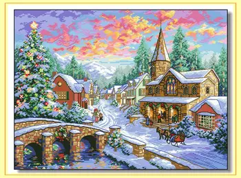 Vrhunska Lep Šteje Navzkrižno Šiv Kit Holiday Village Božič Pozimi Sneg Mestece, dim 08783