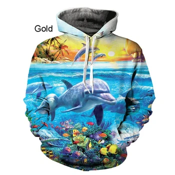 2020 Nov Modni 3D Tiskanih Dolphin Živali Tiskanja Srčkan Zahodni Slog pulover s kapuco Za Moške, Ženske Off Bela Majica