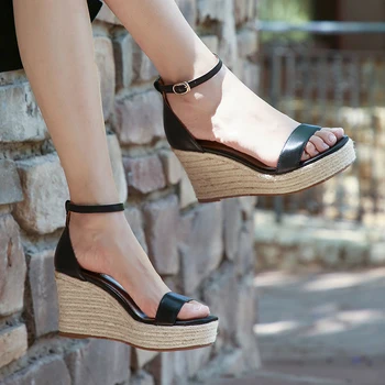 Ženske pravega usnja klin platformo sandali gleženj trak visoke pete poletje sandalias elegantne dame oblačenja črpalke čevlji za ženske