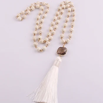 Moda 8 mm bela natur poldragih Kamnov z zlato kvadratnih kristalno Tassel čar Obesek, Ročno izdelana Ogrlica za Ženske, Nakit