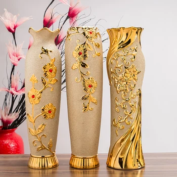 Baročni Veliki Tla Vaza Gilded Cvet Imetnik Porcelana Smolo Keramični Cvet Vazo Dekorativne Vaze Zlato Odlikovanje Prekrita Vaza