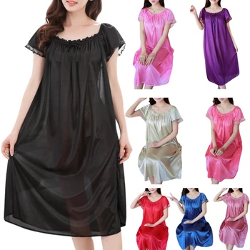 Ženska Poletje Čipke Ledu Svile Nightdress Kratek Rokav Svoboden Plus Velikost Nightgown XL