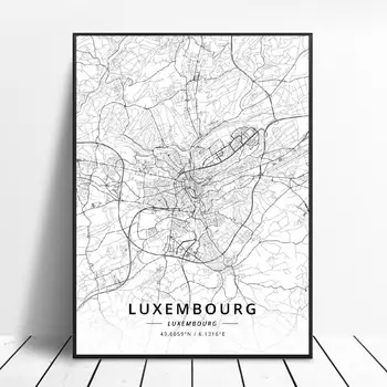 Črna in Bela Luksemburg zemljepisna širina zemljepisna Dolžina Platno Art Map Plakat