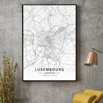 Črna in Bela Luksemburg zemljepisna širina zemljepisna Dolžina Platno Art Map Plakat