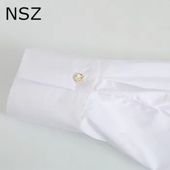 NSZ ženske prevelik belo bluzo asimetrija delavska majica zlato gumb kontrast barve padec moda veliki vrh blusa camsia mujer