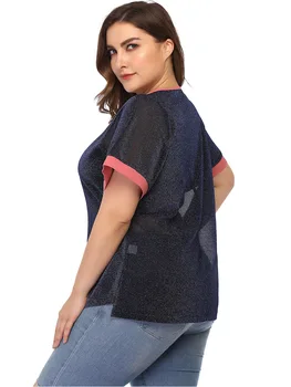 Novo 2021 poletje plus velikost vrhovi za ženske velika bluzo kratek rokav svoboden priložnostne prozorno tanke seksi modra majica 3XL 4XL 5XL 6XL