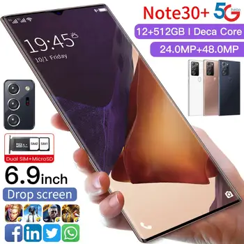 Globalna Različica Note30+ 512GB Dual SIM 10 Jedro Pametni Telefon Za 6,9 Palca Andriod 10.0 Obraza, Prstnih ID 6000mAH Mobilni Telefon MTK6889