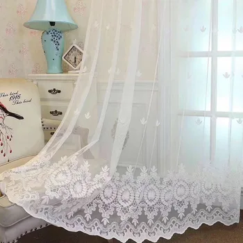Evropski stil Belo vezenje til zavese za dnevno sobo, kuhinjo, preja Okno Zdravljenja Voile Zavese za spalnico