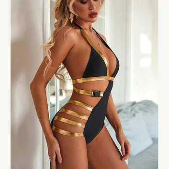 2020 Nove Seksi Zlato Asimetrični Ženske Kopalke Enodelne Kopalke Pasu Povodcem Monokini Bodysuits Ženski Plaži Monokini