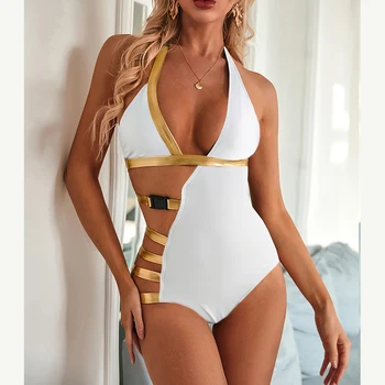2020 Nove Seksi Zlato Asimetrični Ženske Kopalke Enodelne Kopalke Pasu Povodcem Monokini Bodysuits Ženski Plaži Monokini