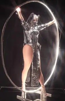 Bleščeče srebrne bleščice nočni klub stranka obleko ženske seksi Ramen blazine visoko režejo maturantski dolgo obleko jazz pevka, plesalka fazi kostum