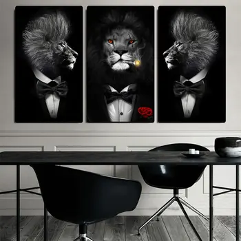 Smešno Živali, Črno Beli Lev V Obleko Platno Umetnosti Plakatov In Fotografij Povzetek Živali Platna Slike Na Steni Umetniške Slike