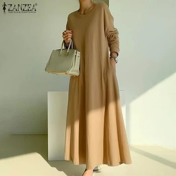 2021 Maxi Obleke Za Ženske ZANZEA Dame Mehko Vestidos Zgodaj Jeseni Dolg Rokav Sundress Plus Velikost 5XL Priložnostne Trdna Haljo Femme