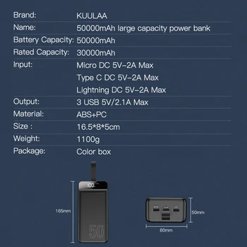 KUULAA Moči Banke 50000mAh Prenosni Polnjenje PowerBank 50000 mAh LED PoverBank Zunanji Polnilec Za iPhone Xiaomi Huawei