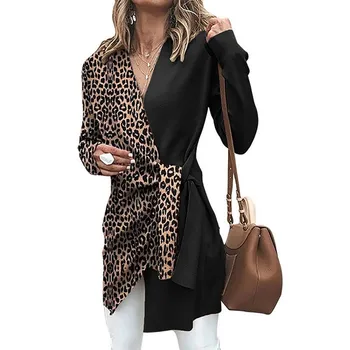Pomlad Jesen Ženske Priložnostne Vrhovi Bluzo z Dolgimi Rokavi Proti-vrat Leopard Tiskanja Mozaik Sweather Srajco Pleteno Sashes Majica Outwear