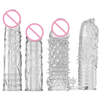 4 Vrste Kristalno Silikonski Penis Rokav Raztezna Glava Zamudo Izliv Penis Širitve Večkratno uporabo Kondoma Spolnih Igrač za Moške