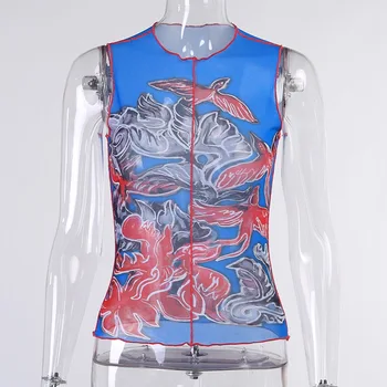 BOOFEENAA Kim Blue Print Estetska Prosojna Očesa Vrhovi Tank Ženske 2021 Moda Seksi Prozorni brez Rokavov Grafični Tshirts C98-AE10