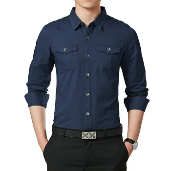Kaki Majica Priložnostne Slim Fit Suknjič Modre Srajce Bombaž Vojaške Poslovnih Vojaške Long Sleeve Vintage Ulične Srajce za Moške