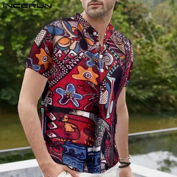 INCERUN Nove Modne Moške Hawaiian Majico Natisnjeno Stojalo Ovratnik Priložnostne Kratek Rokav Bluzo Bombaž Ulične Počitnice Rokavi Moški 2021