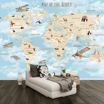 Po meri Cartoon Živali Zemljevidu Sveta v Ozadju Stene 3D Ozadje, Dnevna Soba, Spalnica Otroci Soba Dekoracijo Papier Peint Zidana 3D