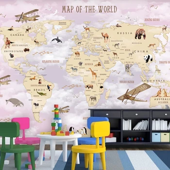 Po meri Cartoon Živali Zemljevidu Sveta v Ozadju Stene 3D Ozadje, Dnevna Soba, Spalnica Otroci Soba Dekoracijo Papier Peint Zidana 3D