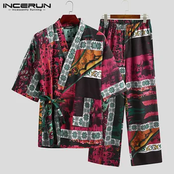 Moške Pižame Določa Kimono Tiskani Bombaž Pol Rokav V Vratu Čipke Sleepwear Hlače Japonski Prosti čas Moških More Obleko INCERUN