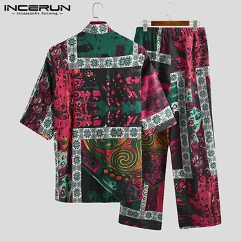 Moške Pižame Določa Kimono Tiskani Bombaž Pol Rokav V Vratu Čipke Sleepwear Hlače Japonski Prosti čas Moških More Obleko INCERUN