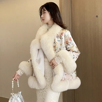 2020 Fxfurs Moda Novi Kitajski Slog Cape Sodišče Slaven Saten Mid-Dolžina Umetno Fox Krznen Krznena Oblačila za Ženske Tang Suknjič