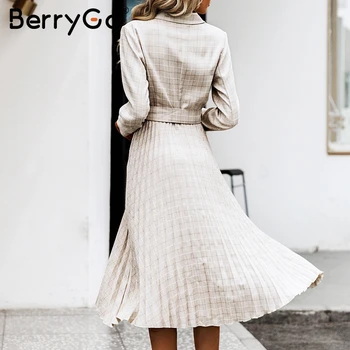 BerryGo Jeseni, pozimi ženske jopič obleke vestidos Naguban kariran dolgo obleko elegantno Urad dame visoke pasu pasu ženski plašč