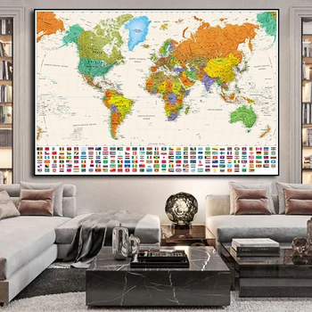 Velika Velikost Svetovni Zemljevid Platno Slikarstvo Plakat Retro angleški Zemljevid z Nacionalnimi Zastavami, za Potovanja v Dnevni Sobi, Pisarni Dekor