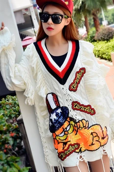 Tajski Plima blagovno znamko dame Proti-vrat plesti pulover 2019 jeseni novo luštna mačka sequined čipke pulover sladko dolg pulover