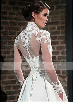 2020 Elegantno Ljubica Saten Poročno Obleko z Suknjič Dolg Rokav Dolžina Tal Poročne Halje Žepi Haljo De Mariage