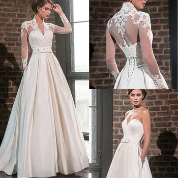 2020 Elegantno Ljubica Saten Poročno Obleko z Suknjič Dolg Rokav Dolžina Tal Poročne Halje Žepi Haljo De Mariage