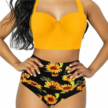 Ženske Bikini Komplet Split Push Up Kopalke Plažo Modrc Oblazinjeni Sončnično Tiskanje Seksi Kopalke plus velikost XXL Povoj kopalke