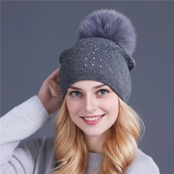 [Xthree] ženske zimske beanie klobuk Zajec krzno volne pletene klobuk je ženski mink pom pom Sije Nosorogovo klobuki za ženske