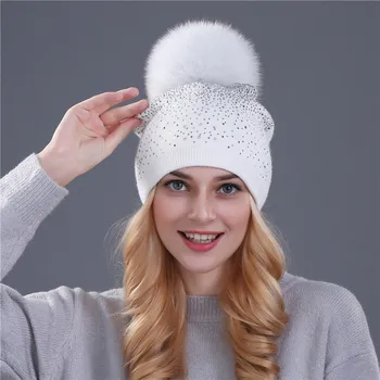 [Xthree] ženske zimske beanie klobuk Zajec krzno volne pletene klobuk je ženski mink pom pom Sije Nosorogovo klobuki za ženske