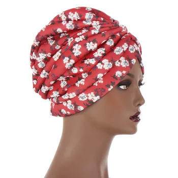 Novo Headwraps klobuki za ženske Tiskanja Cvet Twist Ruffle Bombažne Kape Kemo Beanies Turban Pokrivala, Kape za Raka
