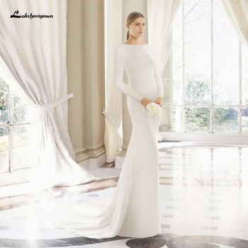 Lakshmigown Preprost Dolg Rokav morska deklica Poročno Obleko 2020 Elegantno Boho Poročne Saten Prejemu Poroka Oblek Abito da Sposa